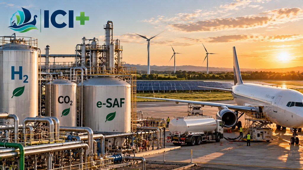 Imagen que representa la producción de e-SAF a partir de hidrógeno, CO₂ y electricidad renovable y su utilización en aviación. No corresponde a una instalación real. Imagen propia de ICI+ generada por IA.