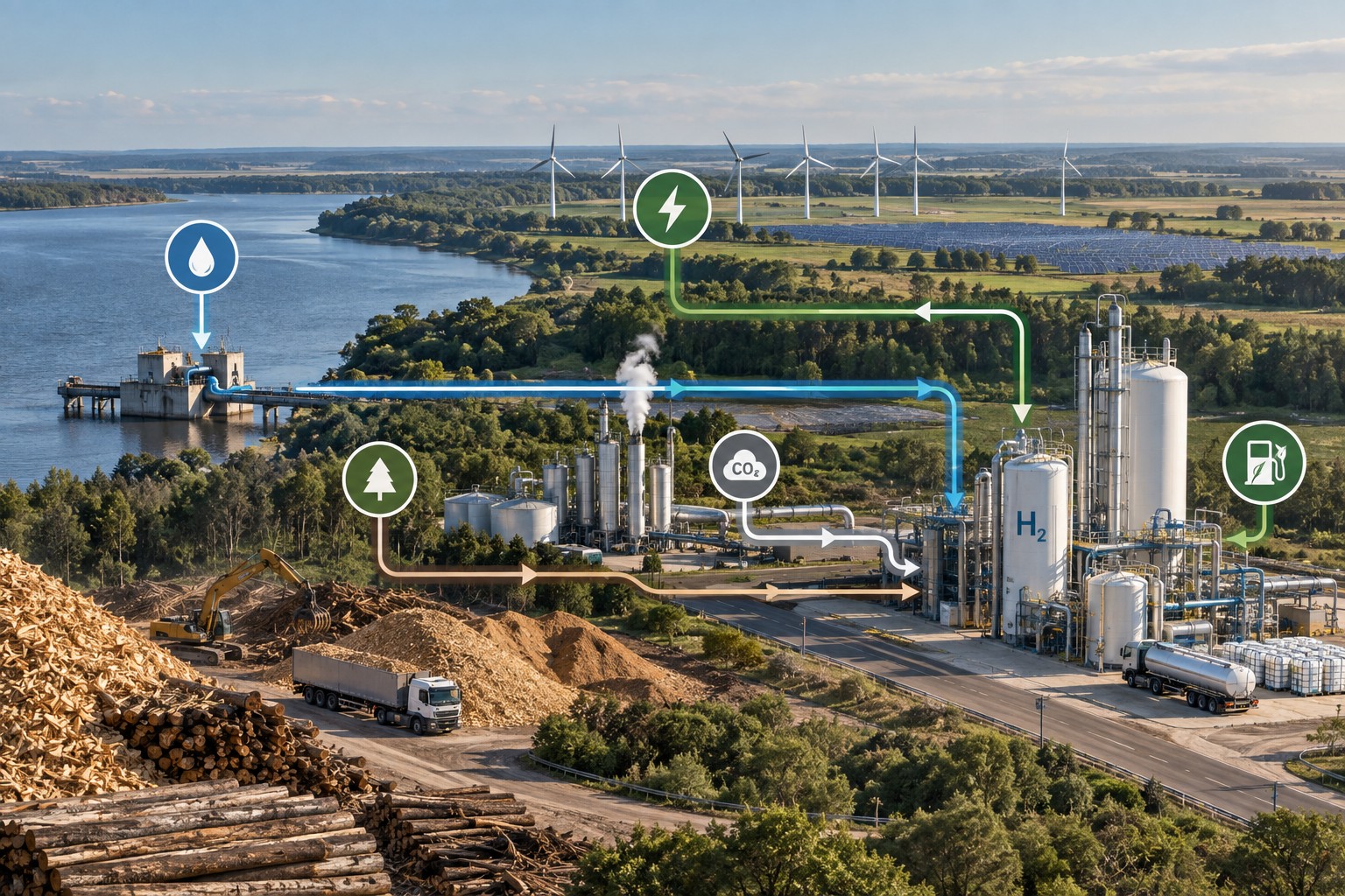 Representación editorial de la cadena de materias primas prevista para la producción de e-combustibles en Paysandú: agua del río Uruguay, electricidad eólica y solar, dióxido de carbono biogénico y residuos de la actividad forestal convergen en un proceso industrial destinado a producir hidrógeno verde y e-metanol. Imagen conceptual generada con IA.