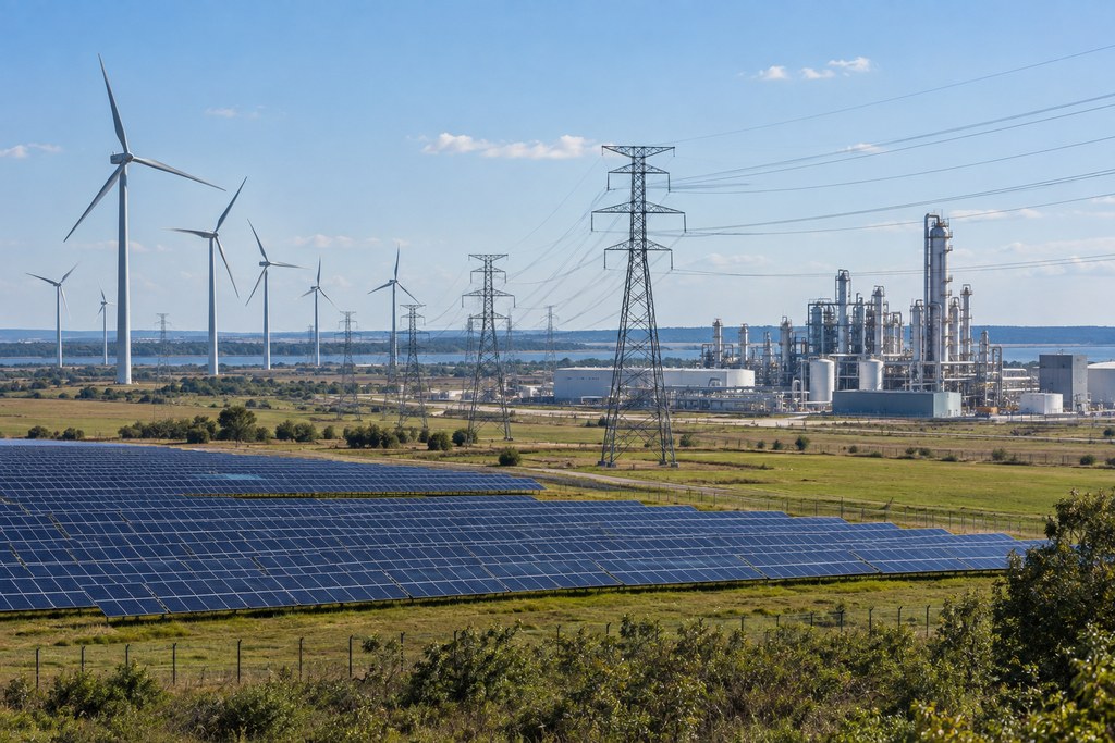 Imagen ilustrativa generada con IA sobre la integración entre generación solar, energía eólica, red eléctrica e instalaciones industriales para producción de e-combustibles. No representa el diseño definitivo ni la ubicación exacta del proyecto HIF Paysandú.