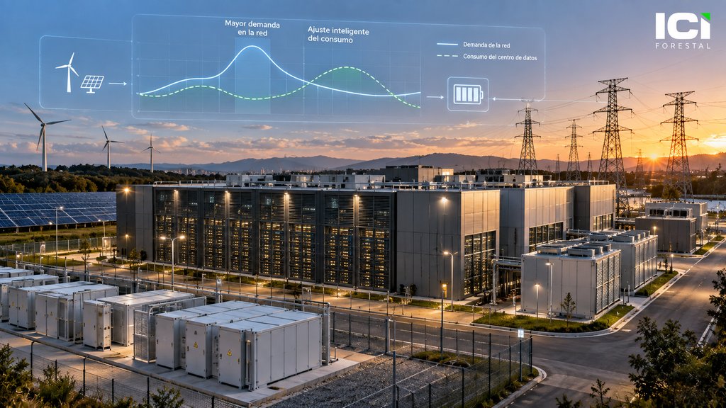 Imagen ilustrativa generada con IA de un centro de datos conectado a infraestructura renovable, almacenamiento y red eléctrica, con una representación conceptual de la gestión flexible de la demanda. No corresponde a una instalación concreta ni constituye un render oficial de AEMA, Google, NVIDIA o Emerald AI. Imagen de ICI Forestal generada con IA.