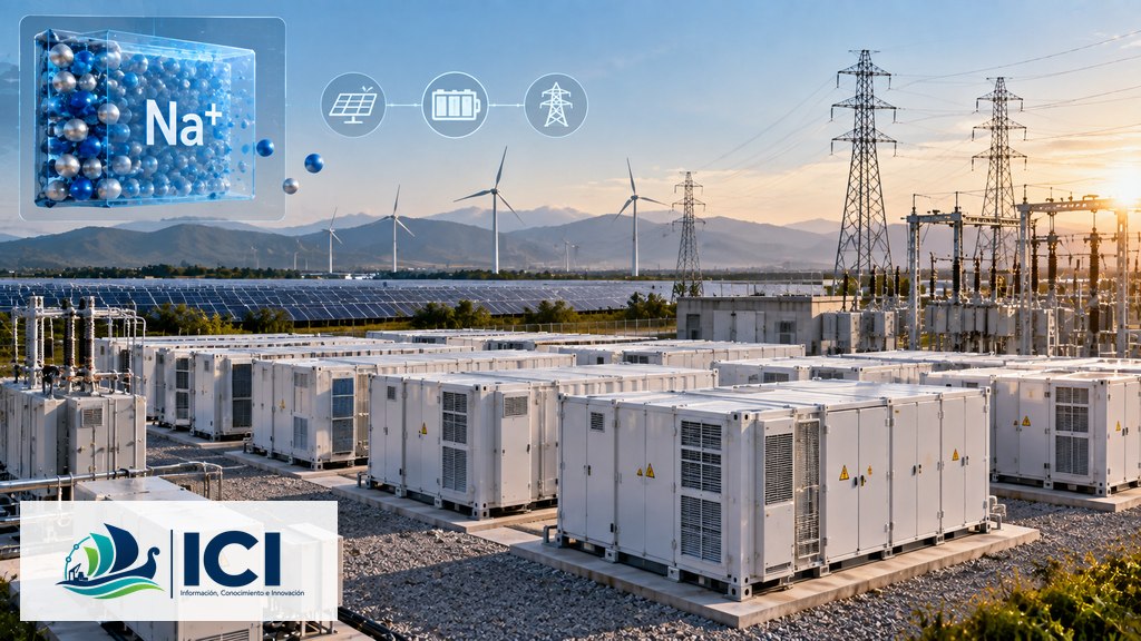 Imagen ilustrativa generada con IA de un sistema BESS de gran escala asociado a generación solar y eólica, con una representación gráfica del ion sodio (Na+). No corresponde a una fotografía ni a un render oficial del ∞Power N4.0MWh de Hithium. Logo oficial de ICI incorporado sobre la imagen generada.