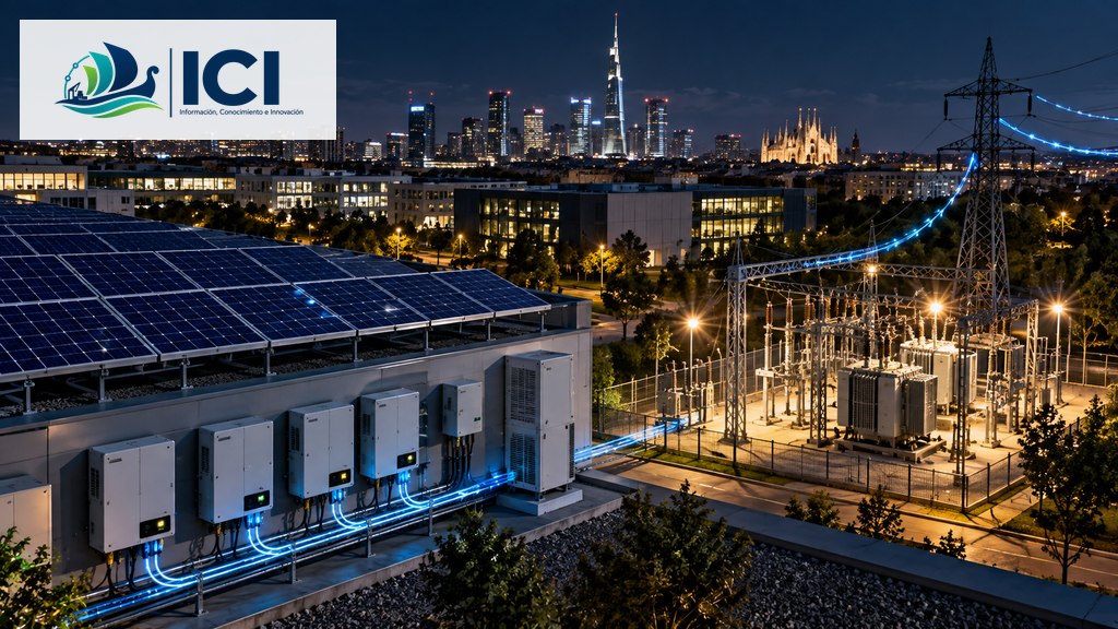 Imagen ilustrativa generada con IA que representa inversores de una instalación fotovoltaica operando durante la noche y prestando servicios a una red eléctrica urbana. No corresponde a una fotografía del campus PoliGrid ni reproduce la instalación utilizada en el experimento de Milán. Logo oficial de ICI incorporado a la imagen original generada para la publicación.