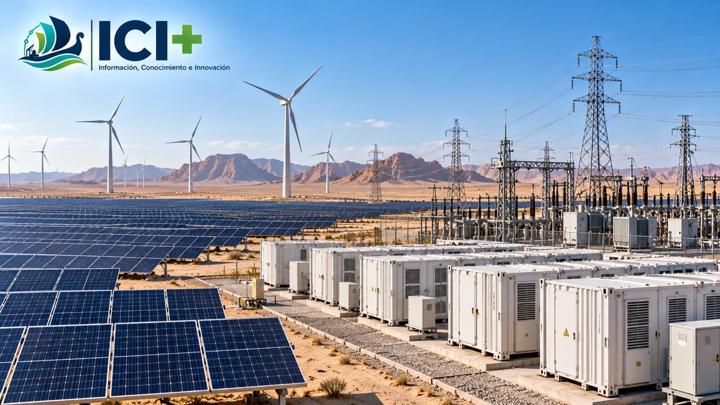 Imagen que representa la expansión de energías renovables y almacenamiento con baterías en Arabia Saudita. No corresponde a una instalación real. Imagen propia de ICI+ generada por IA.