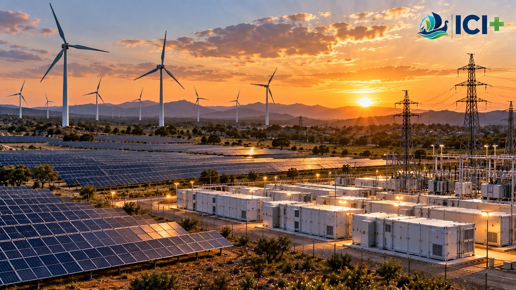 Imagen que representa un complejo híbrido de generación solar y eólica integrado con almacenamiento mediante baterías y conexión a la red eléctrica.