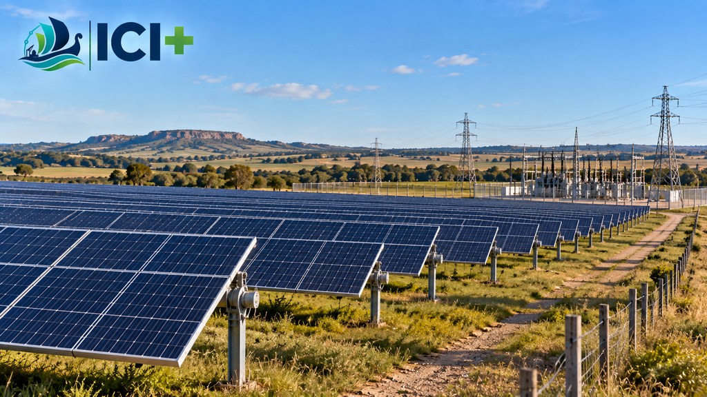 Imagen que representa un parque solar fotovoltaico conectado a infraestructura de transmisión eléctrica. No corresponde al proyecto real de Nesyla ni a una localización determinada. Imagen propia de ICI+ generada por IA.