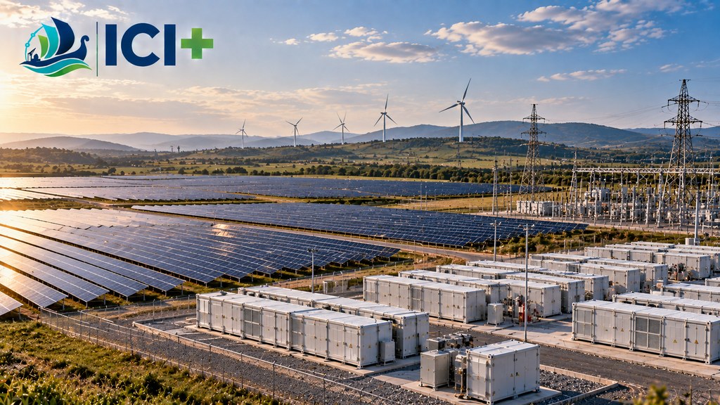 Imagen que representa un gran complejo híbrido con generación solar, almacenamiento mediante baterías, futura integración eólica e infraestructura de conexión a la red.