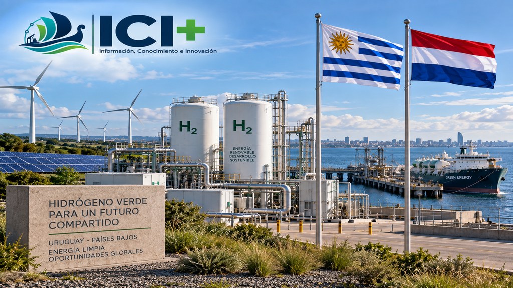 Imagen ilustrativa generada con IA sobre la cooperación entre Uruguay y Países Bajos en hidrógeno verde. Representa conceptualmente producción mediante energías eólica y solar, electrólisis, almacenamiento y logística portuaria de derivados. No corresponde a una instalación existente ni a un proyecto concreto.