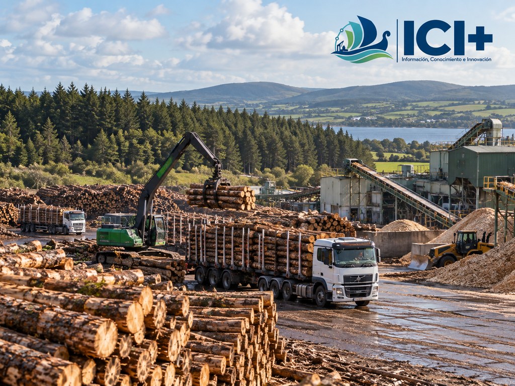 Imagen ilustrativa sobre el abastecimiento de madera a la industria forestal irlandesa, con trozas, transporte, manipulación y procesamiento industrial. Generada con IA; no representa una planta o establecimiento específico de Irlanda. Elaboración de ICI Forestal.