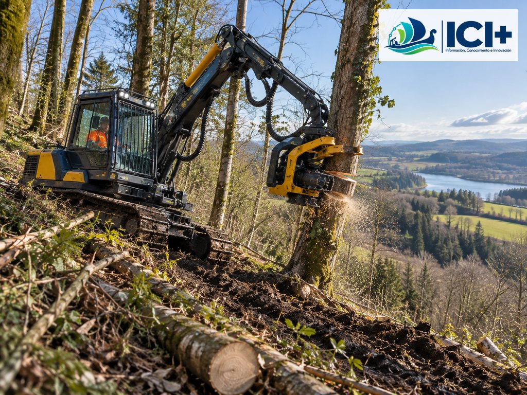 Imagen ilustrativa generada con IA de una máquina forestal sobre orugas equipada con un sistema de grapple saw, trabajando en un terreno de fuerte pendiente y difícil acceso. Representa conceptualmente el tipo de mecanización asociado al nuevo FELLERTRACK. No corresponde a una fotografía del FELLERTRACK ni reproduce el modelo que será presentado en APF Exhibition 2026. Incluye el logo ICI+