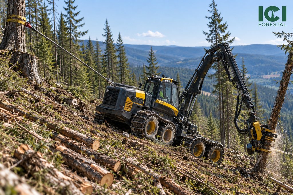 Imagen ilustrativa generada con IA de un harvester trabajando sobre una fuerte pendiente con asistencia mediante cable de tracción anclado pendiente arriba. Incluye la identificación de ICI Forestal. No corresponde a una fotografía de la operación de J. Shar Timber Harvesting ni representa una máquina Ponsse específica o el sitio exacto de Montana mencionado en la noticia.