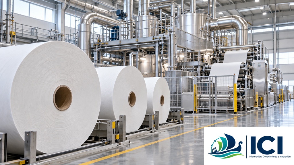 Ilustración generada con IA de una instalación industrial de papel tissue, con bobinas y equipos de procesamiento. No representa las plantas reales de Rudong o Xiaogan.