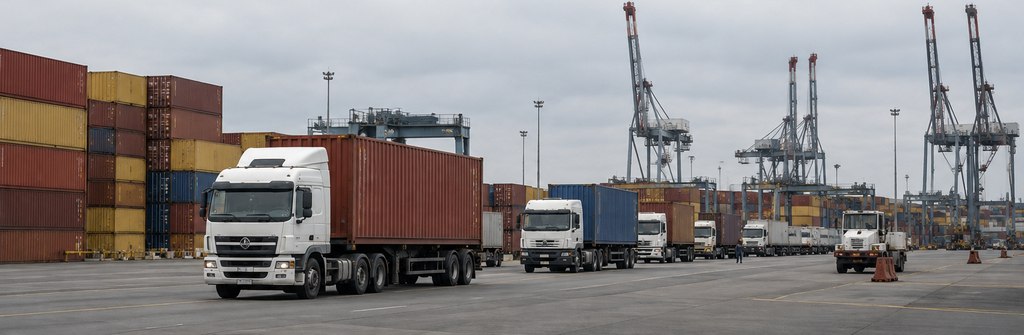 Imagen ilustrativa de camiones de transporte de carga en una terminal de contenedores. Representa la importancia del transporte carretero en las operaciones portuarias y las posibles consecuencias económicas de las interrupciones de actividad.